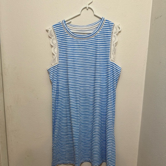 Lilly Pulitzer Striped Blue Dress with White Eyelet Ruffle Sleeves Size XL - Picture 1 of 4